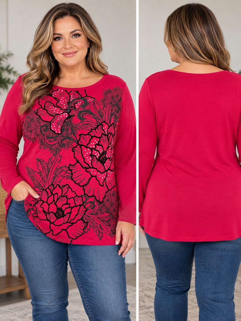 Karen Scott Fuchsia Long Sleeve Floral Print Top